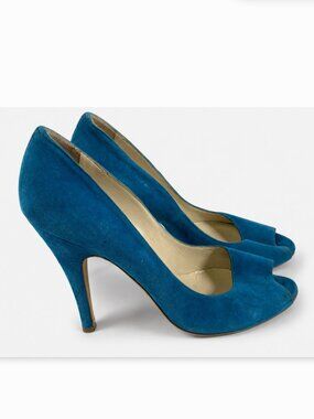 Moschino Cheap and Chic Turquoise Suede Peep Toe Slip On Heels Pumps ~5.5-6